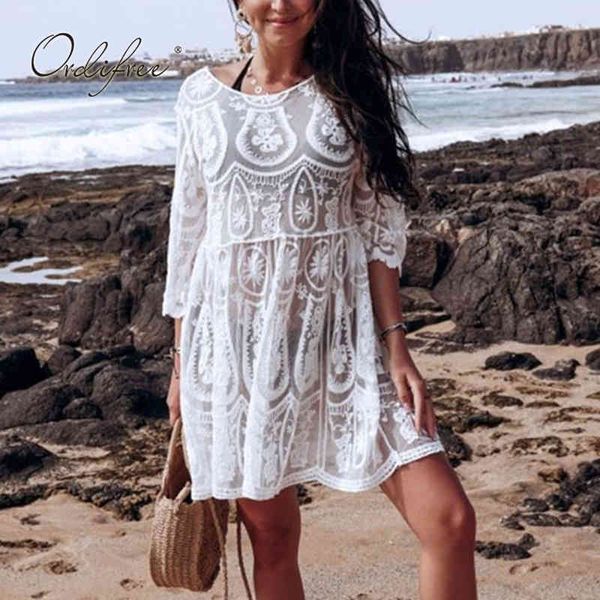 

summer women mini backless white lace embroidery beach dress 210415, Black;gray