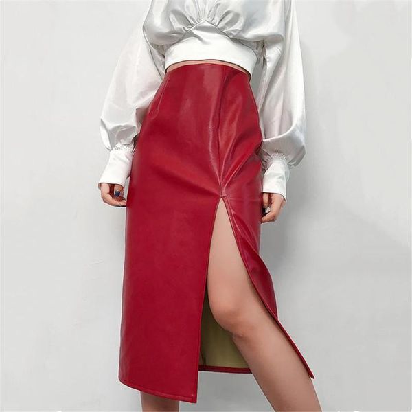 

skirts women pu leather solid color pencil skirt female spring autumn high waist bodycon vintage split wrap slim stretchy, Black