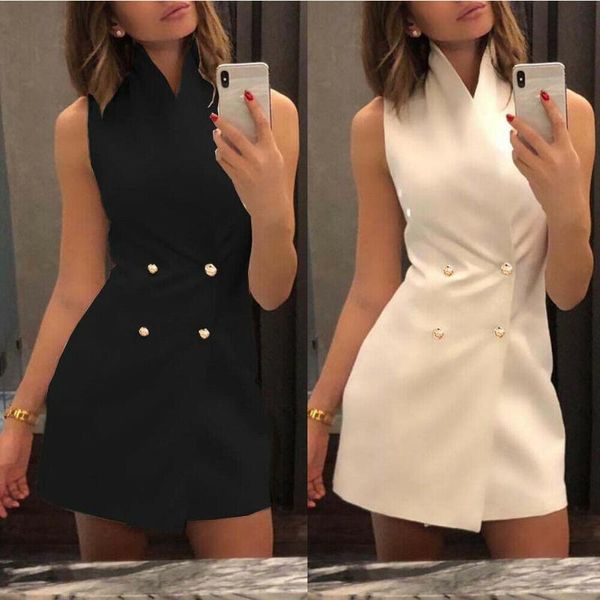 

casual dresses women collar sleeveless blazer double breasted short lapel button solid dress 4 color, Black;gray