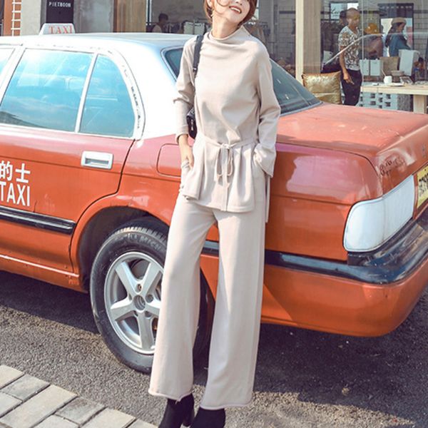 

pant autumn winter korean casual knitted two women outfits pullover sweater + pants suits trousers 2 piece set 2ac1, White