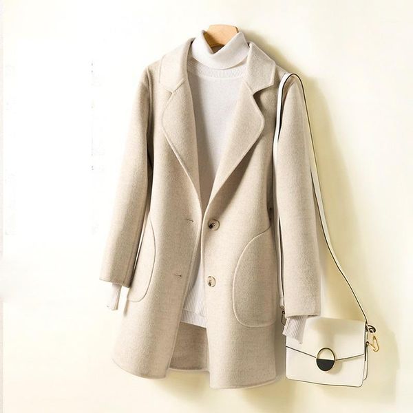 

women's wool & blends 2021 autumn winter jacket womens clothing double-sided cashmere woolen coats slim wild overcoat female plus size, Black