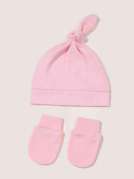 

baby knot decor beanie & gloves she, Yellow