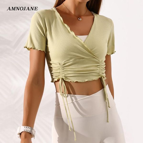 

yoga outfit women's mesh shirt drawstring quick dry t-shirt short sleeve women crop casual workout sports fitness shirts