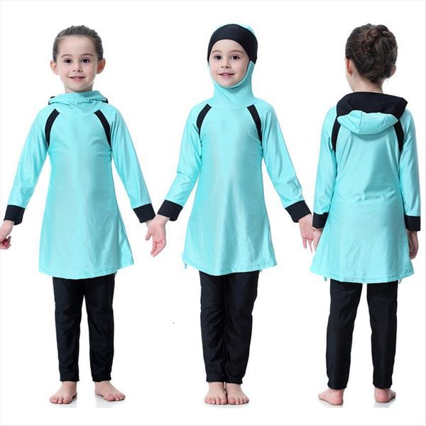 

arrive modest swimwear for muslim girl kids long sleeve islamic swimsuit hooded patchwork beach wear bathing suit, White