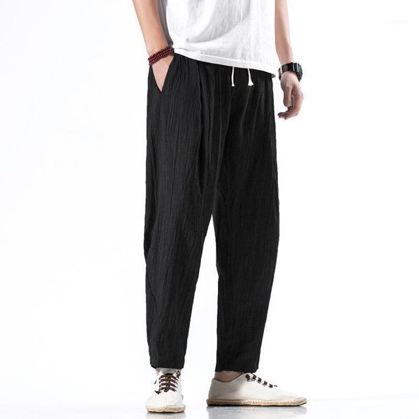 

summer chinese style men's thin loose linen nine-point pants simple solid color harem cotton casual, Black