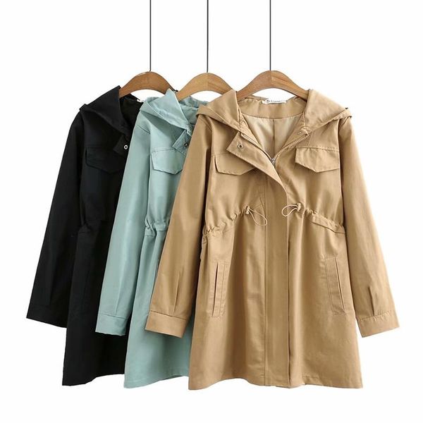 

women's trench coats xl oversize coat 2021 spring autumn outerwear mid-length hooded casual women windbreaker khaki black 4xl, Tan;black