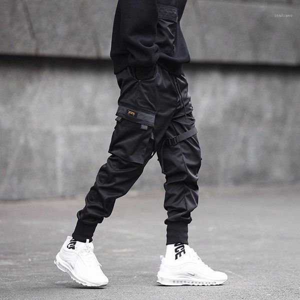 

men's pants men hip hop joggers letter ribbons cargo pockets track tactical casual techwear male trousers sweatpants sport streetwear, Black
