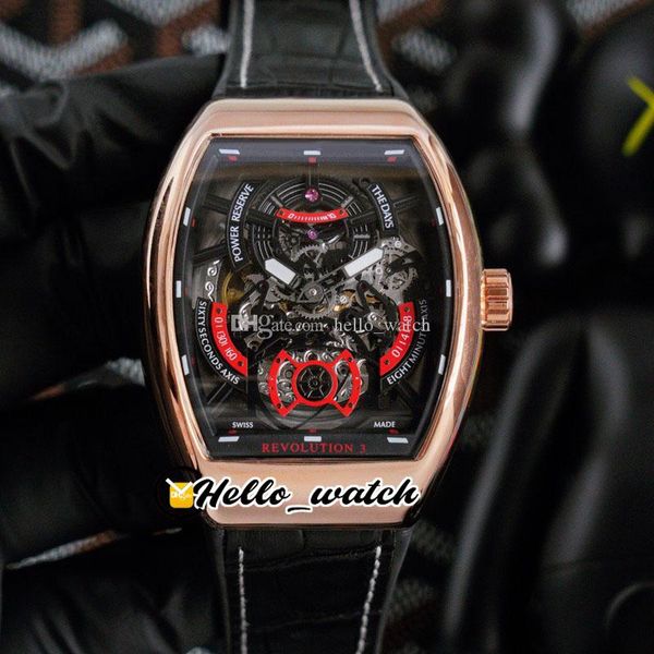 42mm Revolução da coleção dos homens 3 V45 SC DT Relógios Red Skeleton Dial Automatic Mens Watch Rose Gold Case Couro Strap Hwfm Hello_Watch