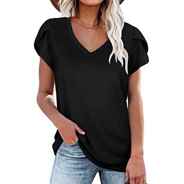 

casual summer women t-shirt v neck solid color short sleeve loose t-shirt tee shirt loose basic top, White