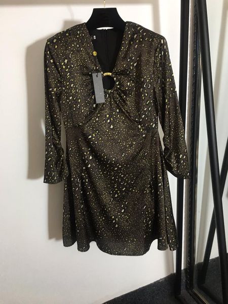 

casual dresses luxury autumn women leopard print metal ring buckle v-neck waist big swing long sleeve dress, Black;gray