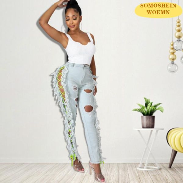 

women's jeans somoshein hollow out holes for women mid waist cotton basic pants distressed personality tassel jaqueta jean feminina, Blue