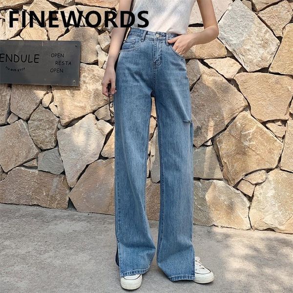 

women's jeans fiords high waist side ripped wide leg split women korean casual loose plus size vintage washed blue denim pants
