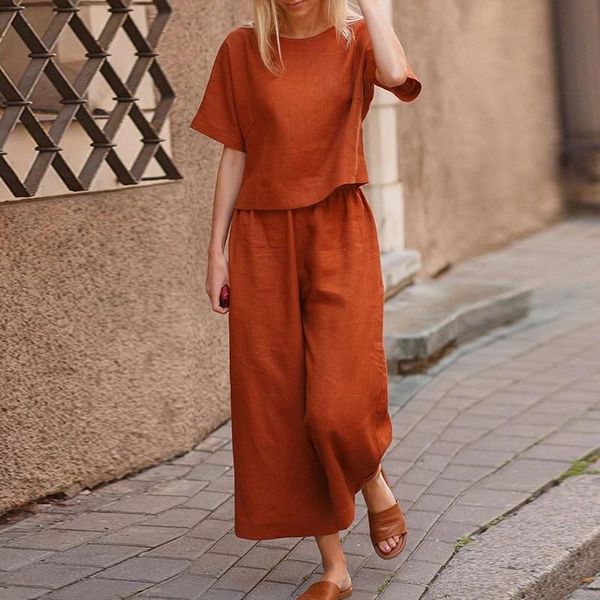 

women's two piece pants cotton linen pullover set women o-neck short sleeve wide leg suit female 2021 summer elegant office lady sets, White