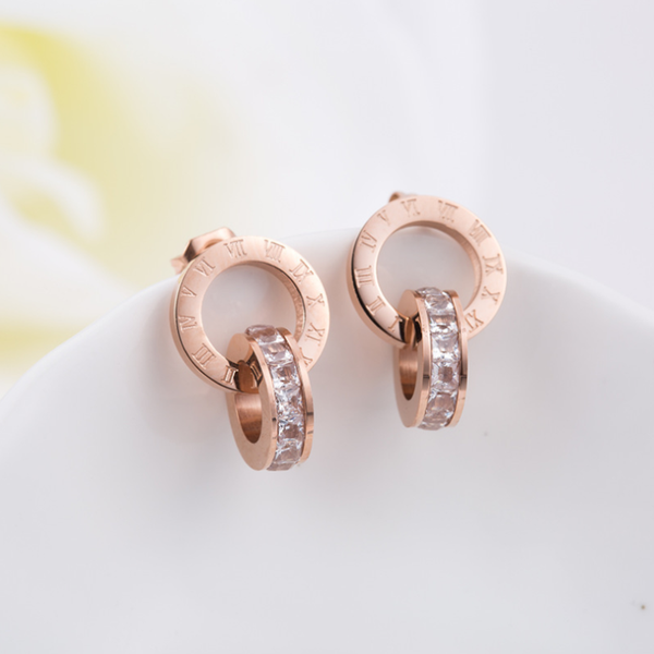 

stud 316l stainless steel roman number double circle geometric zircon earring for women fashion fine jewelry party gift sae641, Golden;silver