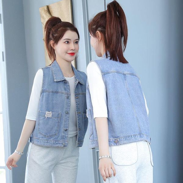 

women's vests 2021 spring autumn plus size coat for women lapel casual loose sleeveless denim pocket short vest blue clothes aq1157, Black;white