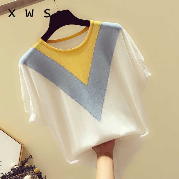 

summer european style women fashion short sleeve o-neck pullover knitted cashmere sweater lady large 210604, White;black