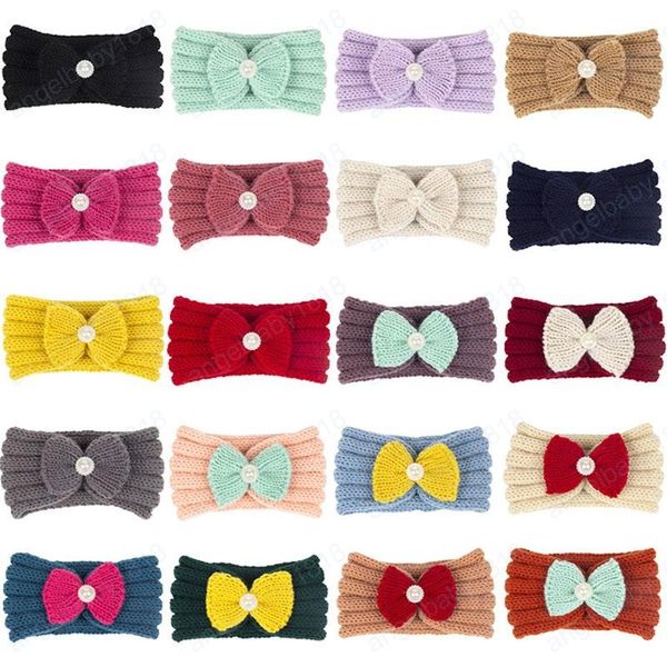 

baby girls knit bowknot elastic winter headbands children solid color hairbands kids headwear fashion hair accessories, Slivery;white
