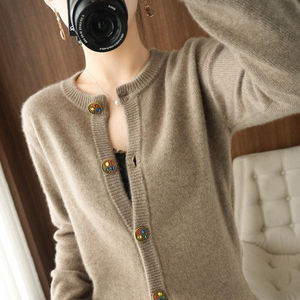 

women's knits & tees 100% pure wool cashmere sweater autumn and winter o-neck cardigan knitted oversized warm female jacket, White
