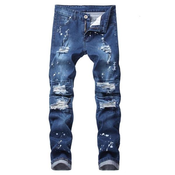 

Boys' Slim Ripped Hole Pleated Jeans Men's Stylish Long Pencil Pants, Blue