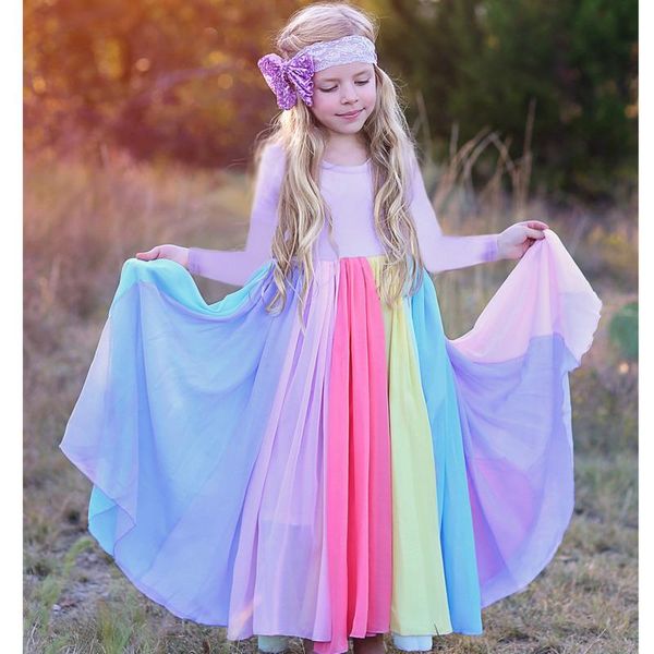 

girl's dresses summer spring winter rainbow wedding dress long sleeve cotton block cute baby girl party for kids princess, Red;yellow