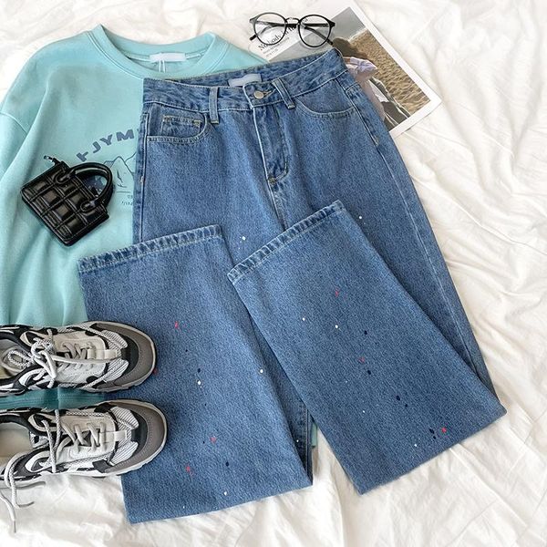 

women's jeans color design retro blue high waist loose casual straight-leg pants women
