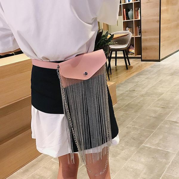 

korean style pu waist pack women metal chain shoulder handbag wide luxury tassel fringe fanny leather waistband phone bag bags