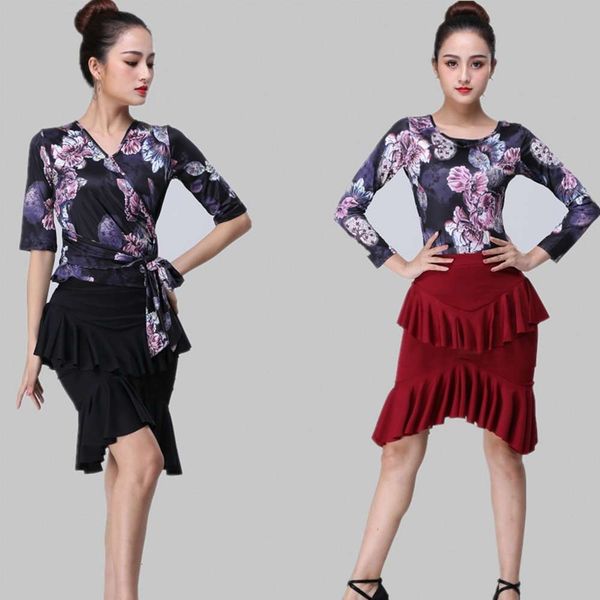 

female adult New Latin modern dance dress practice skirt lotus leaf, Gray