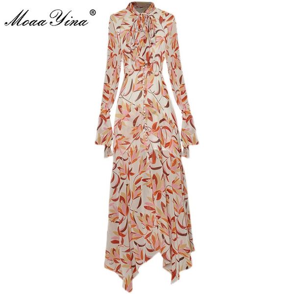 Fashion Designer Summer Asimmetrico Midi Dress Donna Vita alta Monopetto Vintage Manica lunga Stampato 210524