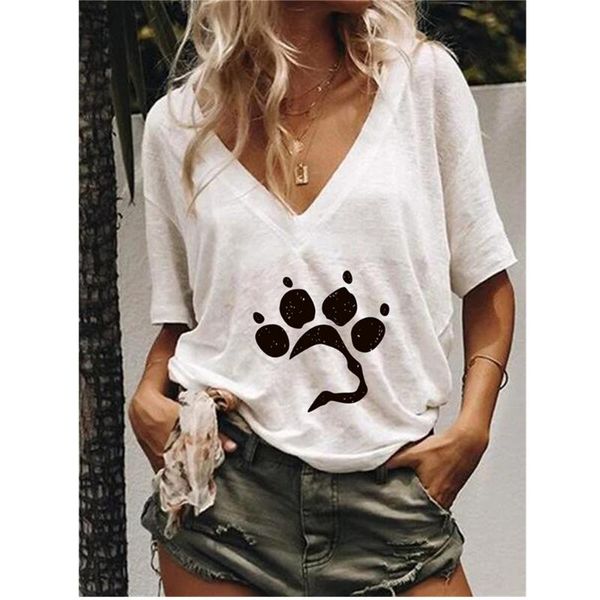 

women's t-shirt 2021 fashionÂ women summer printing ladies casual solid color plus size v neck short sleeve tee loose basic top, White