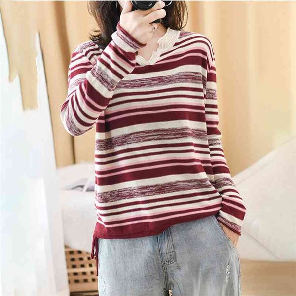 

characteristic striped knitted sweater women fashion loose long-sleeved pullover cotton v-neck base jumpers female spring 210427, White;black