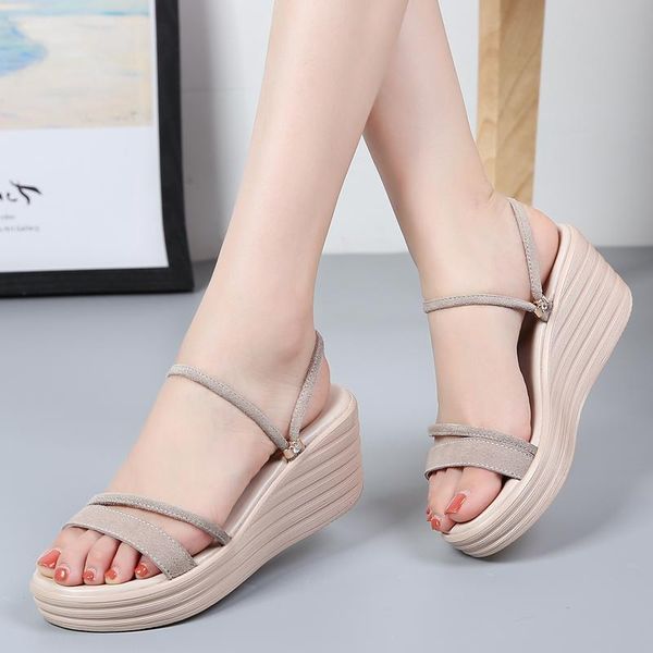 

suede cow leather summer women platform slippers luxury slides sandals shoes slip on flip flop heel high 6.5cm beach, Black