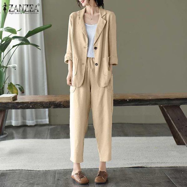 

elegant office work wear business suit set uniform oversize women cotton linen sets female pant suits ol 2 piece women's two pants, White