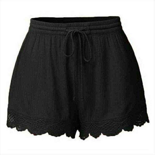 

solid color summer casual womens shorts plus size lace splicing rope tie sport elastic waist beach female, White;black
