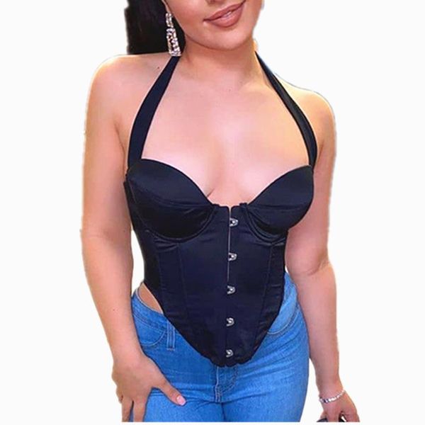

camisoles & tanks 2021 satin fashion breasted corset women club party sleeveless backless halter cropped feminino attire summer, Black;white