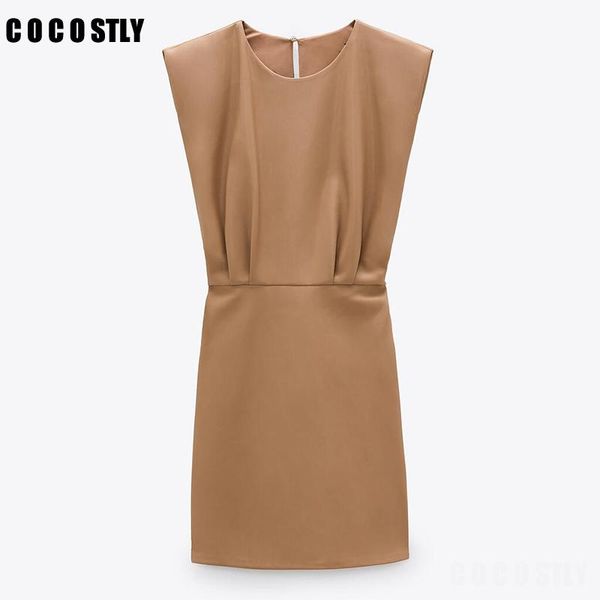 

faux leather mini dress women fashion sleeveless shoulder pads o-neck ruched woman elegant dresses casual, Black;gray