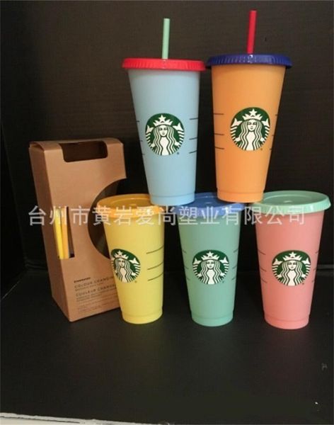 

starbucks cups 24oz/700ml plastic color chaning tumblers coffee mug bottles with straws lid gift product 50pcs 978 z2