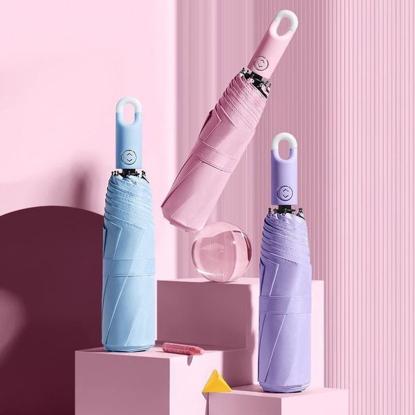 

umbrellas automatic sunscreen umbrella women's three fold windproof and waterproof solid color hook
