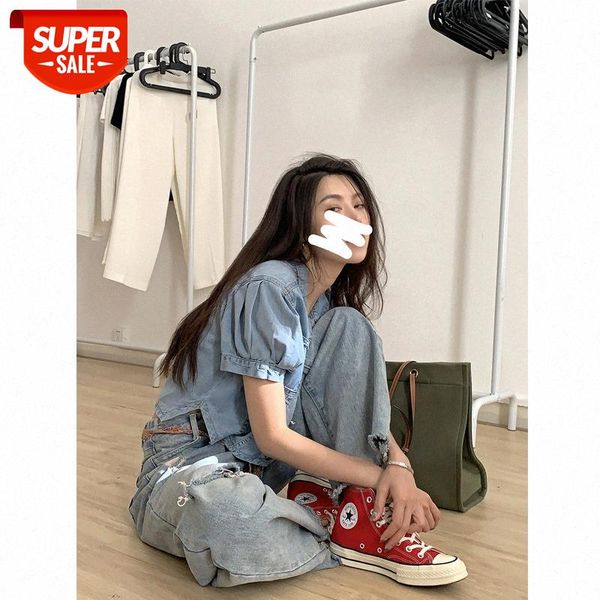 

puff sleeve denim short jacket design sense retro short-sleeved women thin outerwear net red tide #or9d, White