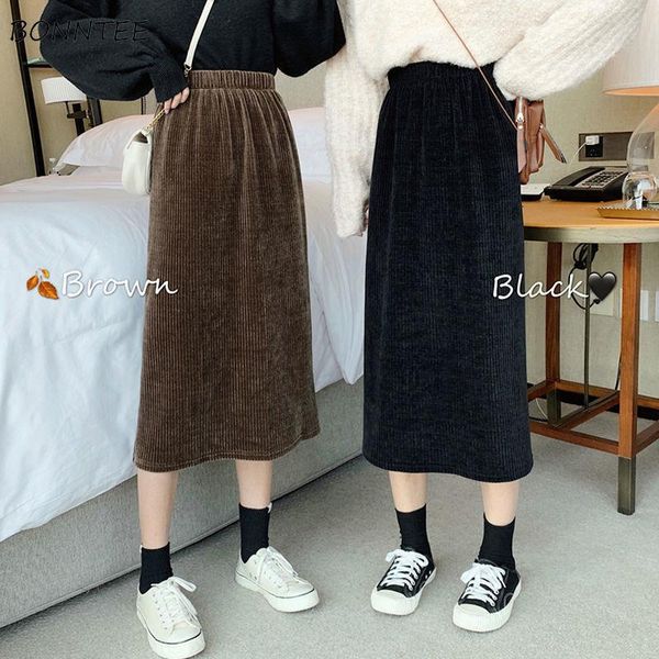 

long skirts women korean plus size 4xl basic fall all-match vintage empire lady skirt pure elastic preppy girls clothing, Black