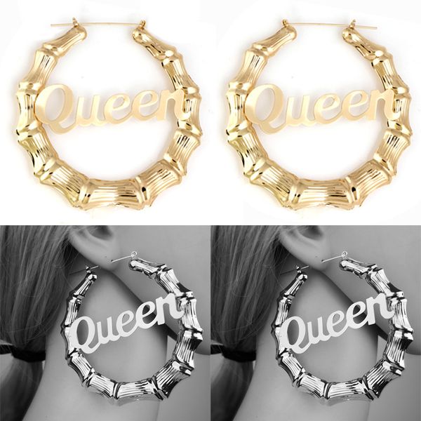 

2021 statement style bamboo hoop earrings for girls 9cm punk hip hop letter money moves queen melanin big hollow earring jewelry wholesale, Golden;silver