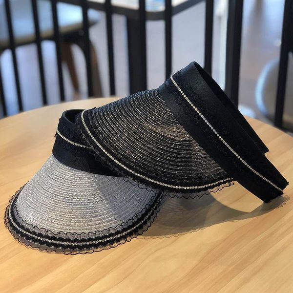 

women's and ladies summer diamond-studded bright silk lace empty beach hat wide-sided uv protection breathable sun wide brim hats, Blue;gray