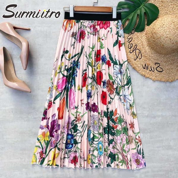 

surmiitro summer midi long pleated skirt women korean style elegant floral print mid-length high waist a line skirt female 210712, Black