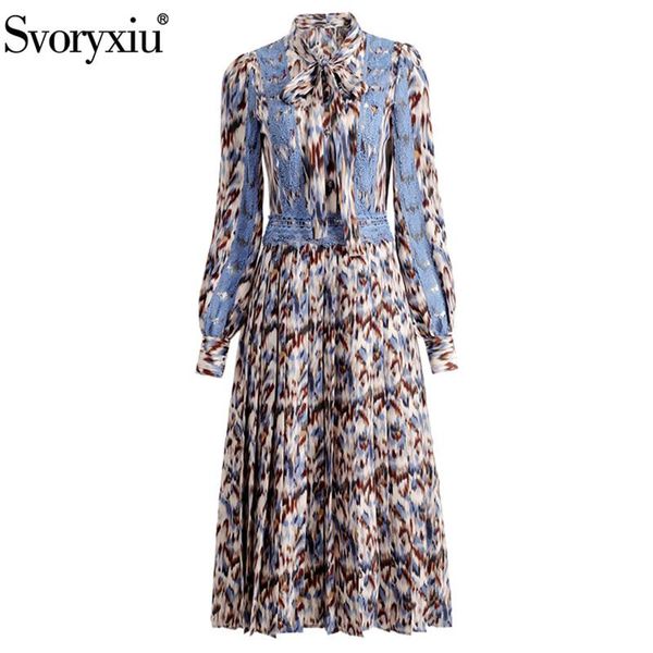 

svoryxiu 2021 spring summer runway pleated dress women's long sleeve lace embroidery print vintage midi dresses vestdios casual, Black;gray
