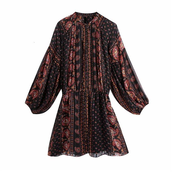 

casual dresses women autumn fashion red print za chiffon mini female elegant long puff sleeve singe breasted high waist dress fplf, Black;gray