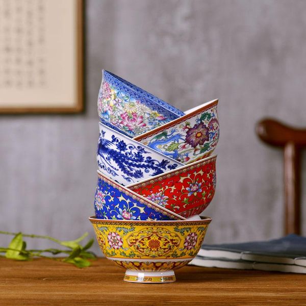 

jingdezhen ceramics chinese bone china enamel rice bowl blue and white porcelain tableware antique high foot longevity bowls