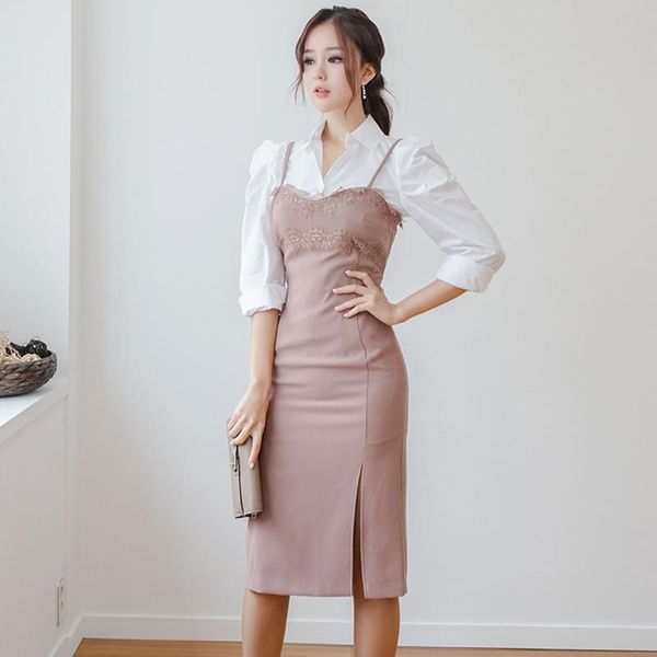 

elegant 2 pieces set turn-down collar blouse & lace side split spaghetti dress 2021 autumn slim hip package women's two piece pants, White