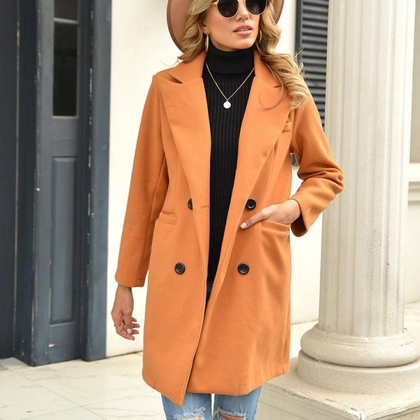 

autumn winter elegant ladies button overcoats 2021 fashion solid color turn down collar long slim jacke women wool blend coats women's, Black