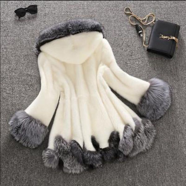 

women's fur & faux high-end goods celebrity winter coat women three quarter trim hooded button lantern sleeve skirt teddy long, Black