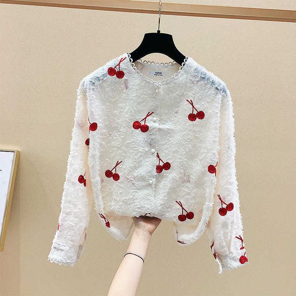 

sweet print spring o neck single breasted slim all match full fashion shirts women blouses 210615, White
