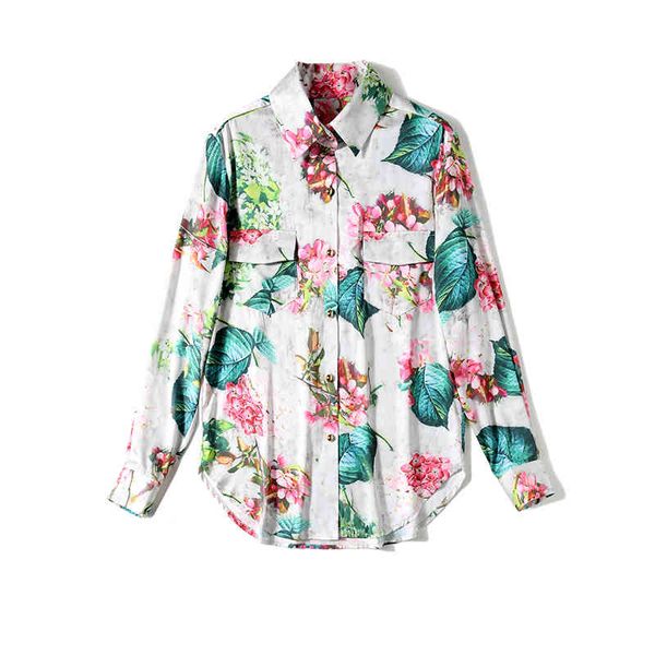 Мода дизайнер женщина цветочные свободные повседневные кнопки атласные блузки девушка сладкий с длинным рукавом две карманные рубашки верхняя женщина 210416